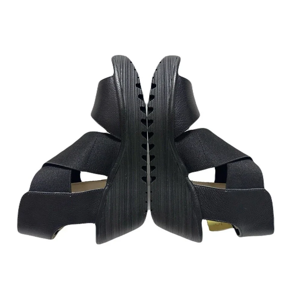 NEW FLY London Womens Size 6.5-7 37 Yuba Black Leather Crossover Wedge Sandals